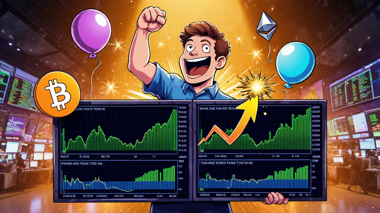 Trader celebrating a trade after RSI and MACD give bullish signals.