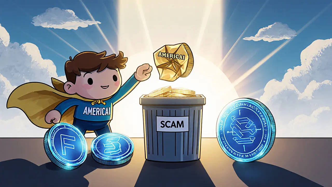 Trader discarding AMERICAI coin into a trash bin labeled Scam.