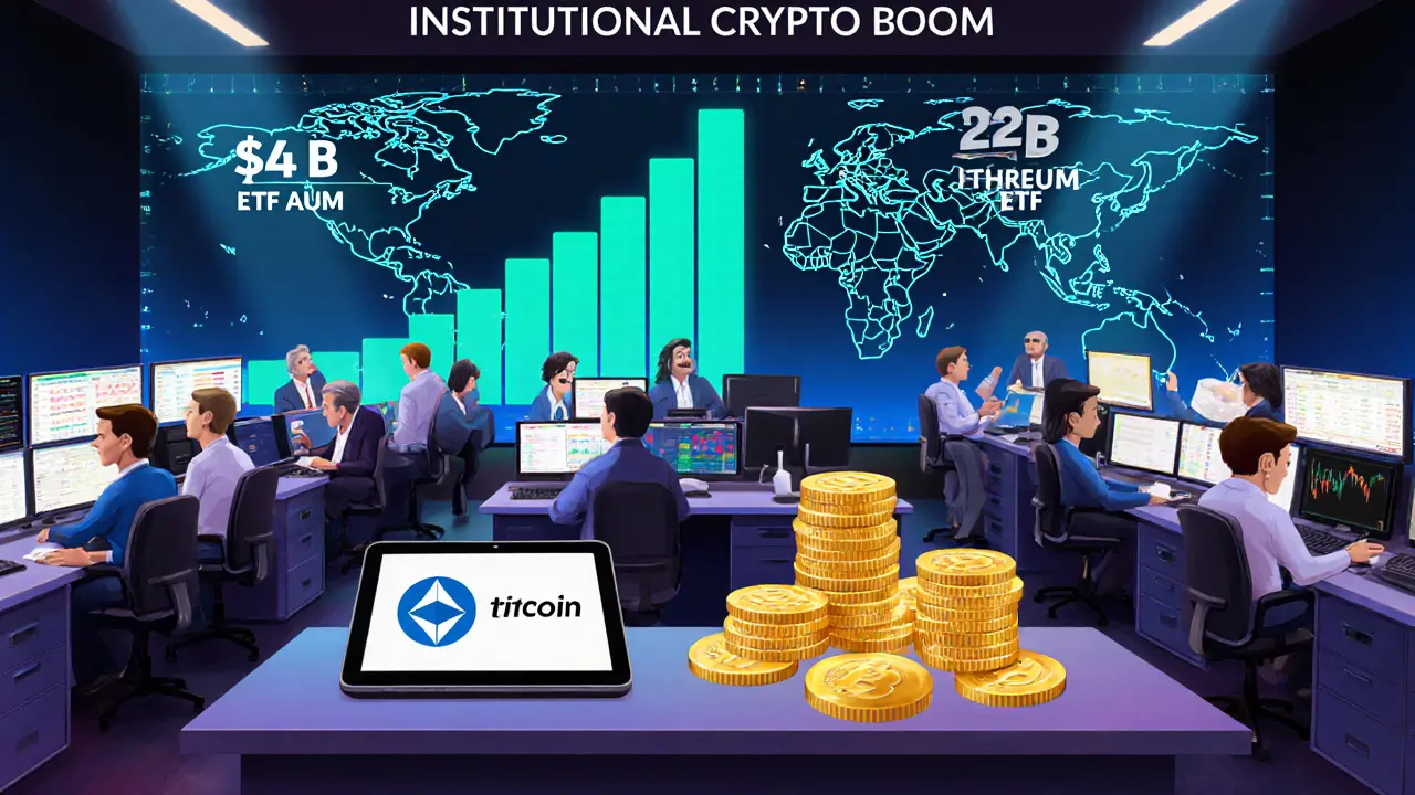 Traders at a busy floor watch large charts showing  B Bitcoin and  B Ethereum ETFs.