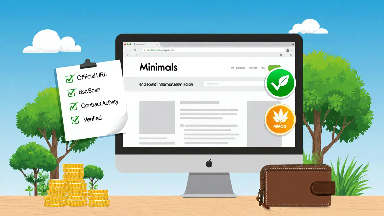 User checking official website, BscScan, and leaf badge, with checklist ticks and green trees.