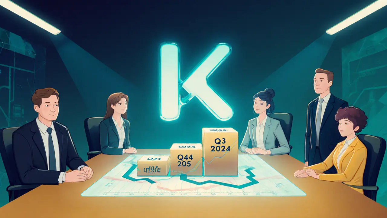 Cartoon boardroom with professionals reviewing holographic yield chart and Katana roadmap.