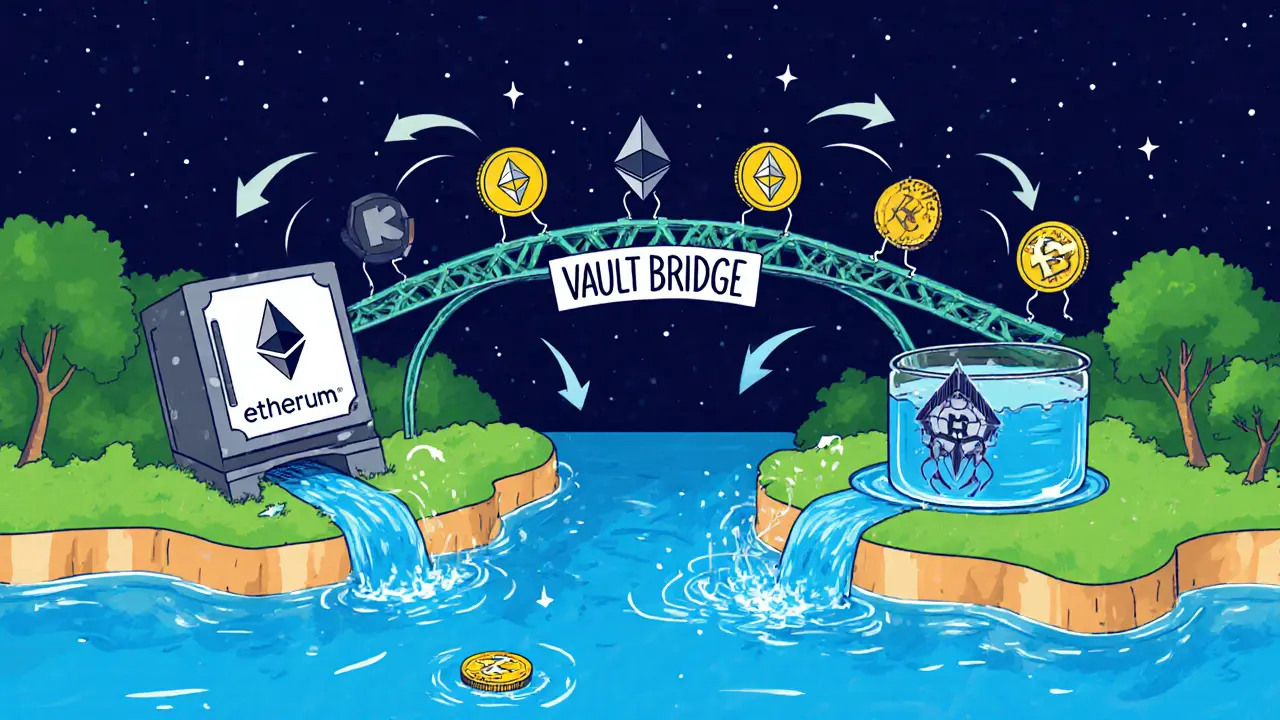 Cartoon bridge moving ETH tokens from Ethereum to Katana, illustrating VaultBridge and fee liquidity.
