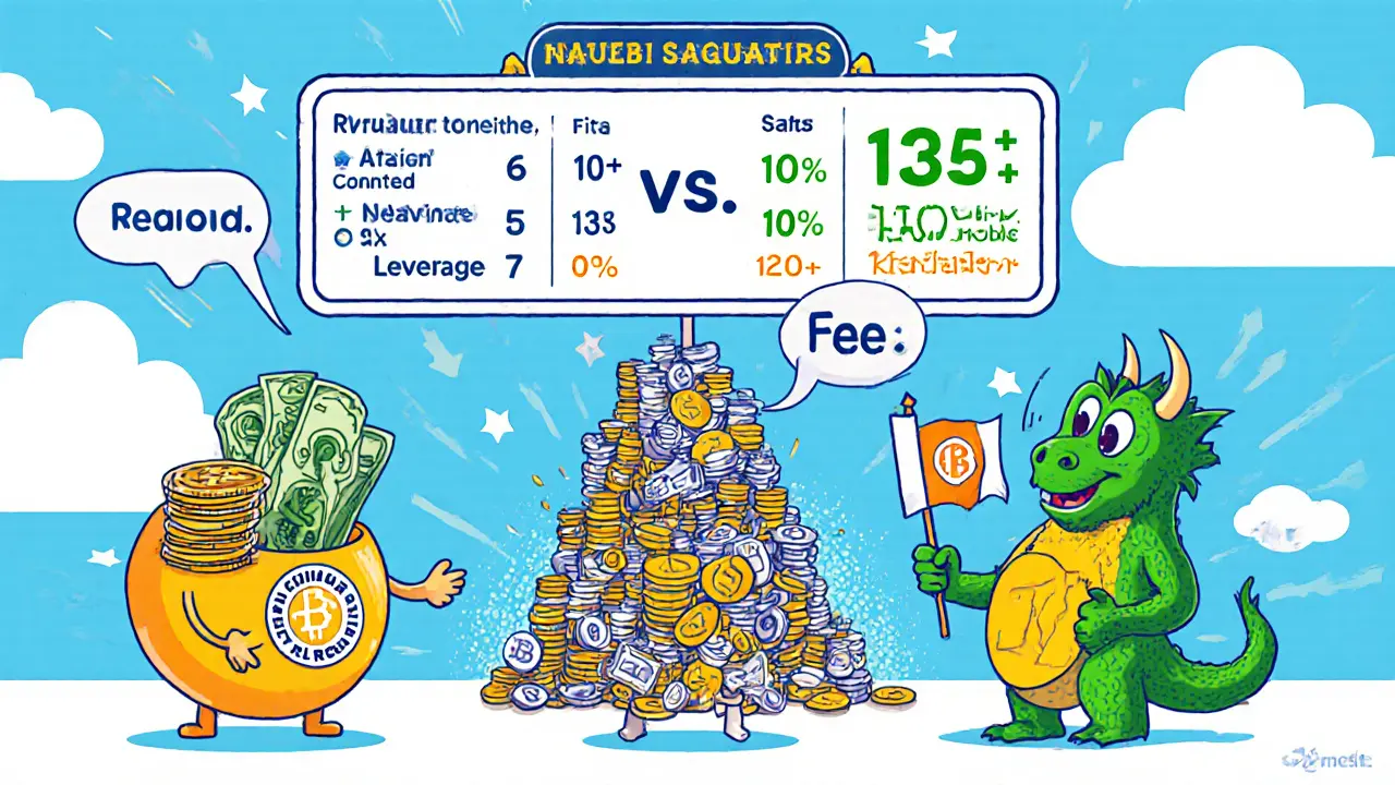 Cartoon comparison of Coinut, Binance, and Kraken showing regulations, fiat, crypto count, leverage, and fees.