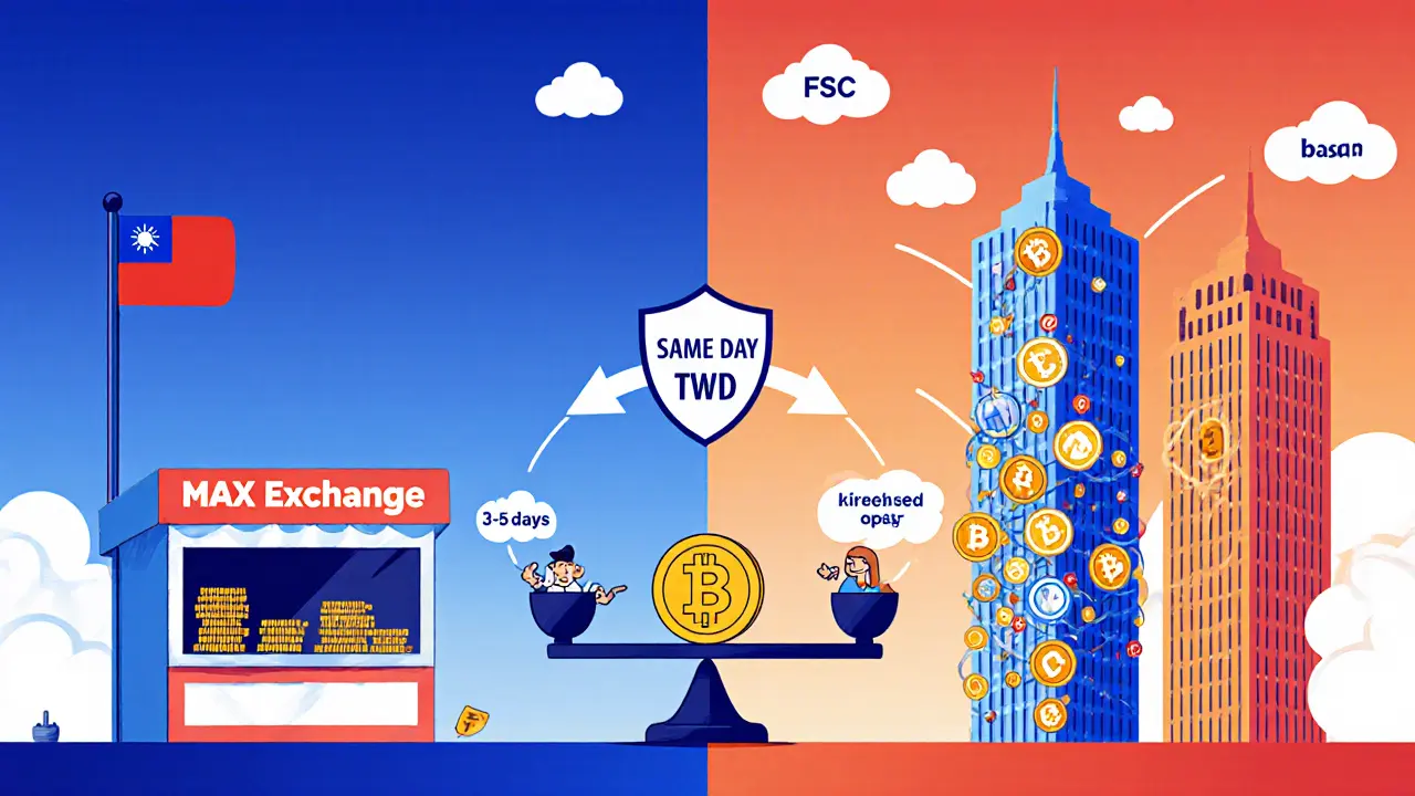 Cartoon comparison of MAX Exchange versus Binance and Coinbase highlighting speed and licensing.