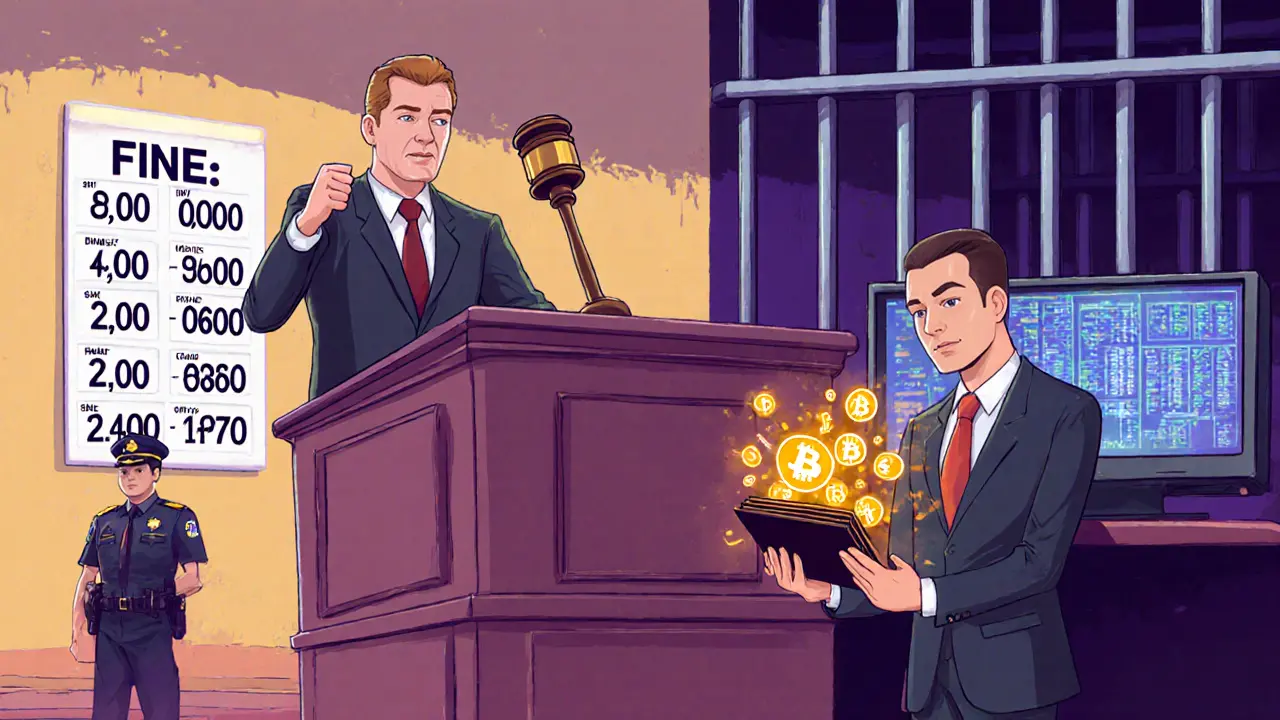 Cartoon courtroom showing judge, defendant with wallet, fine list, and blockchain analysis screen.