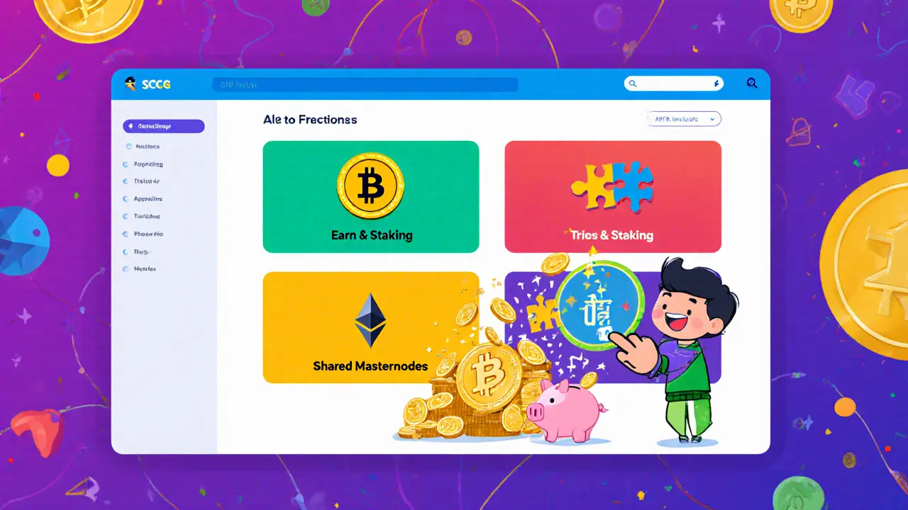 Cartoon dashboard showing Spot Trading, Staking, Shared Masternodes icons and coins streaming from the Earn feature.