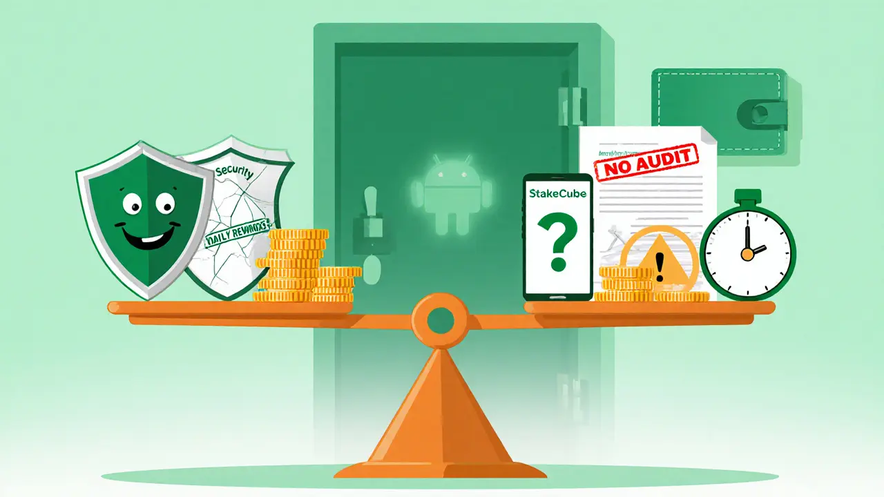 Cartoon scale balancing StakeCube benefits against security warnings, with a shield, hardware wallet, and Android phone.