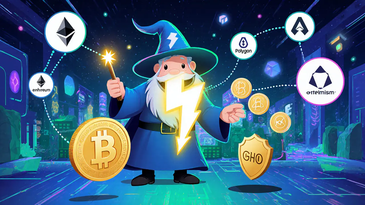 Cartoon wizard uses a flash loan lightning bolt, surrounded by chain logos and a GHO coin with a shield.