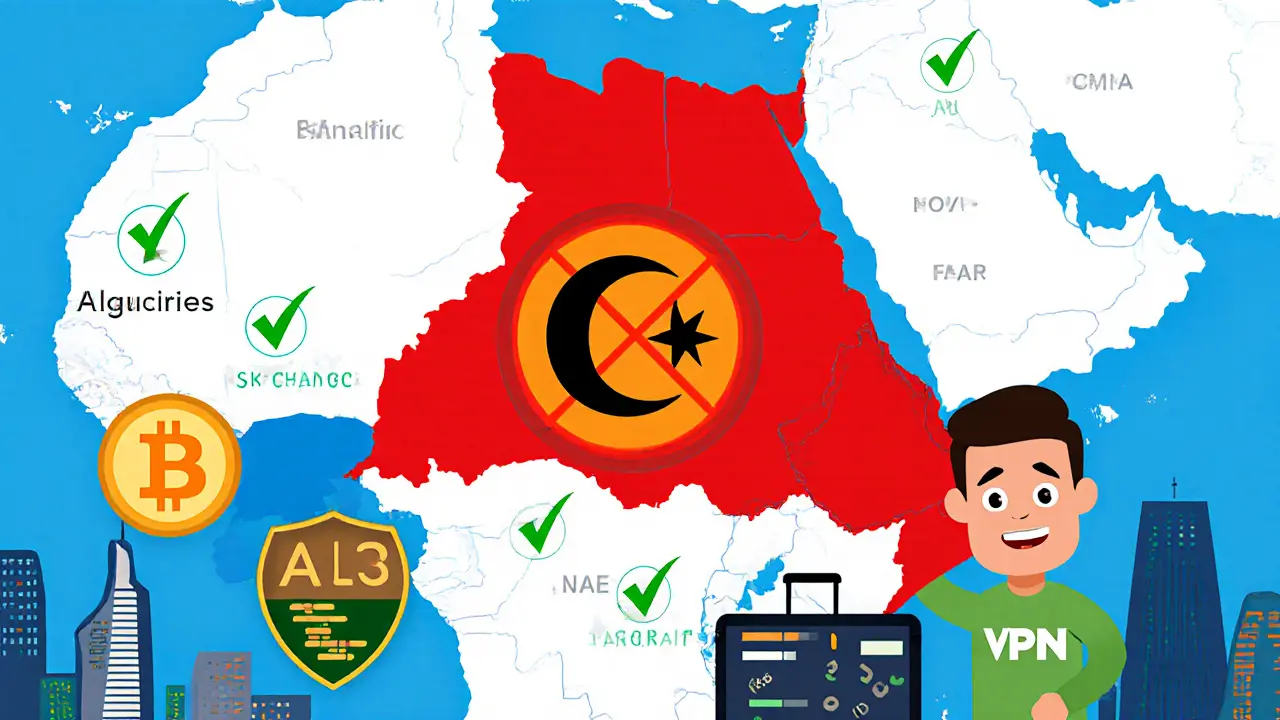 Map of MENA region showing Algeria with prohibition sign and neighboring countries with crypto permissions.