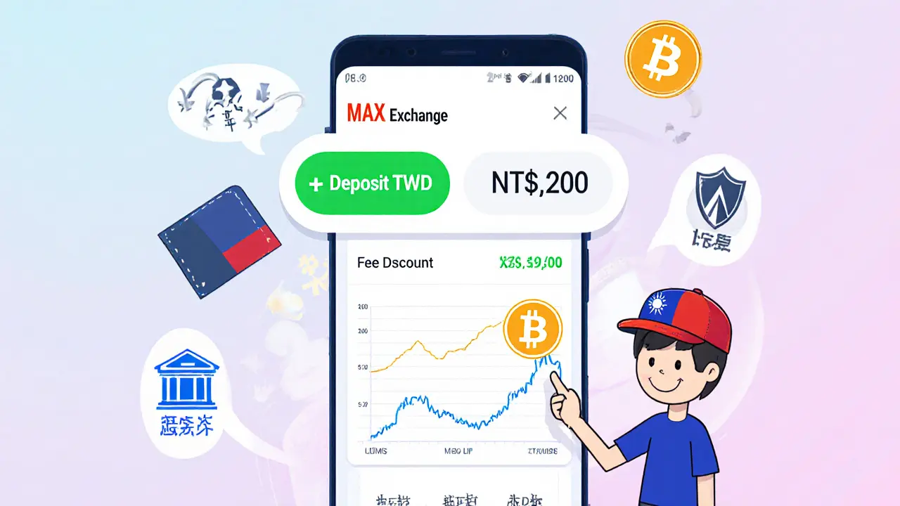 Smartphone showing MAX Exchange app with deposit and fee discount features.