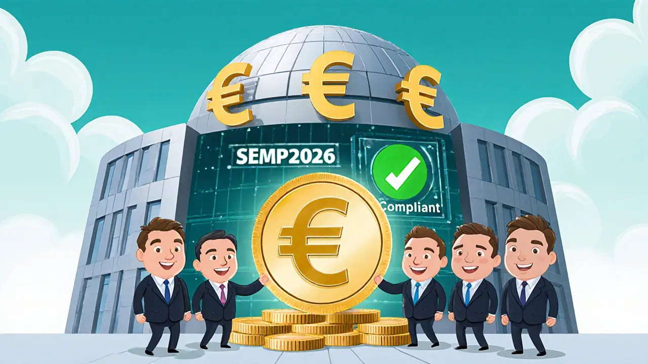 Bank consortium unveiling a new euro‑backed EMT token, smiling bankers celebrating.