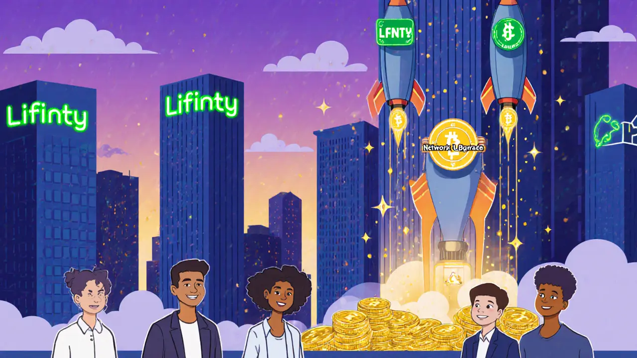 Cartoon cityscape with Lifinity tower, rockets, and happy holders receiving coin rain.