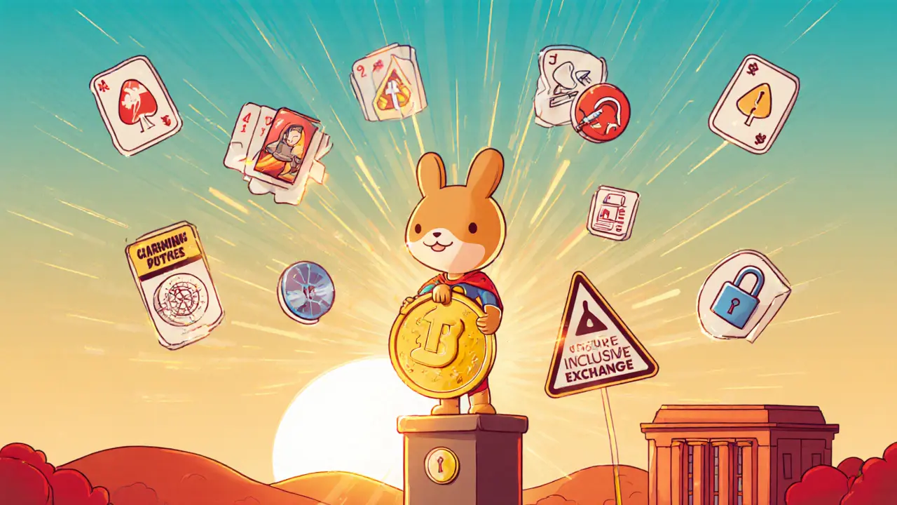Cartoon hero holding a golden KAKA‑rabbit NFT, surrounded by future game icons and a phishing warning.