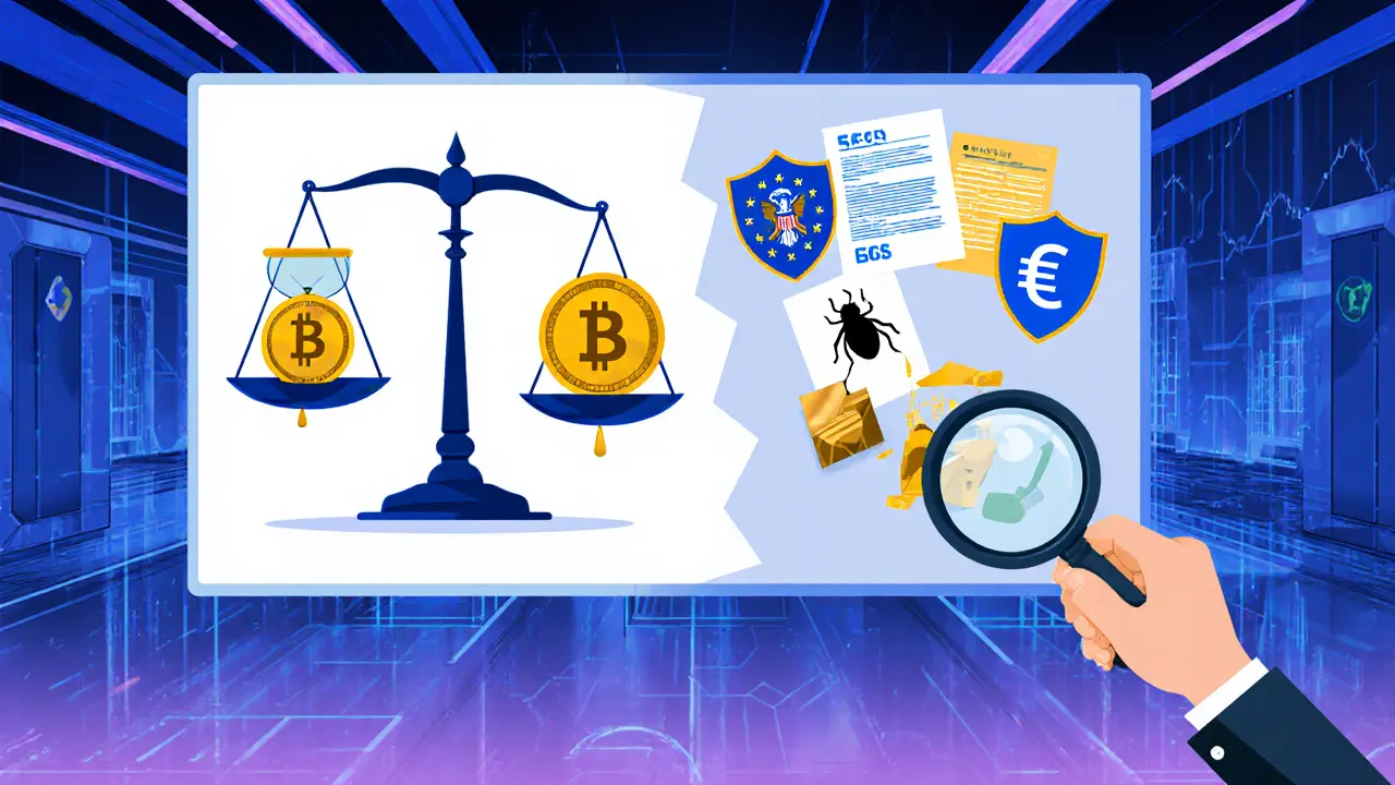 Cartoon illustration of an investor weighing token risks and rewards with scales and regulatory icons.