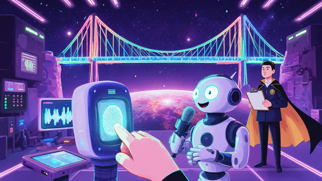 Cartoon of a futuristic lab with biometric scanner, AI voice analysis, and a cross‑chain bridge.