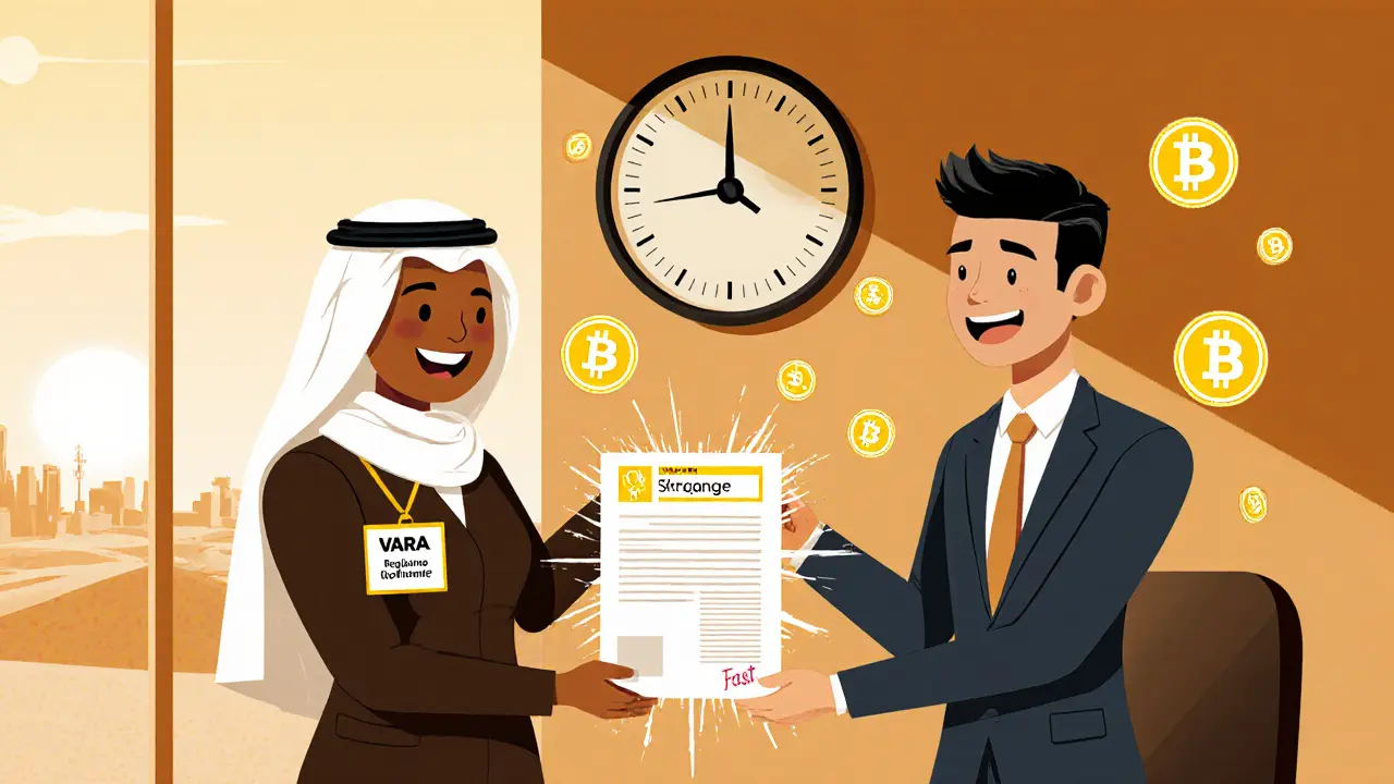 Cartoon of a UAE regulator handing a crypto exchange licence to a trader with a fast‑track clock.