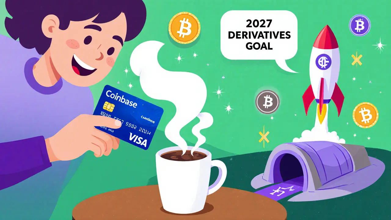 Cartoon of a user using a Coinbase Visa card, staking icons, and a rocket for future roadmap.