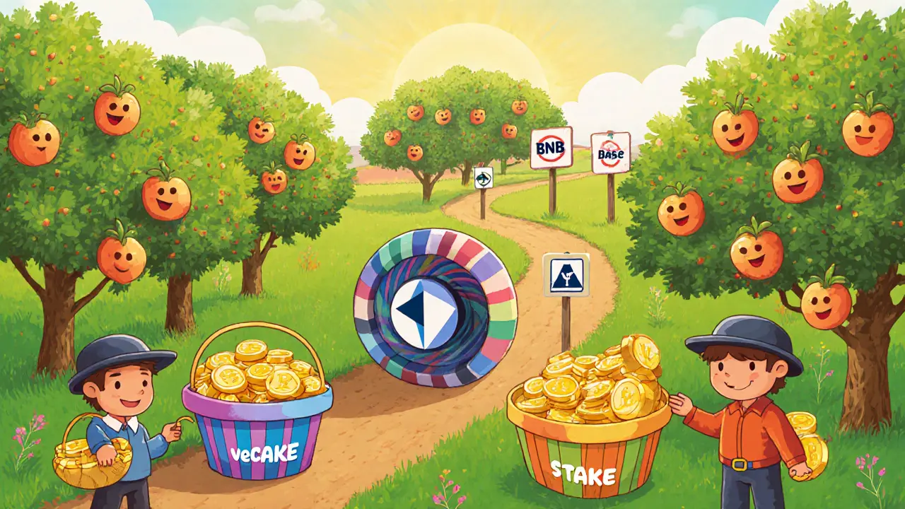 Cartoon orchard of CAKE tokens being harvested, with cross‑chain portals and roadmap signs.