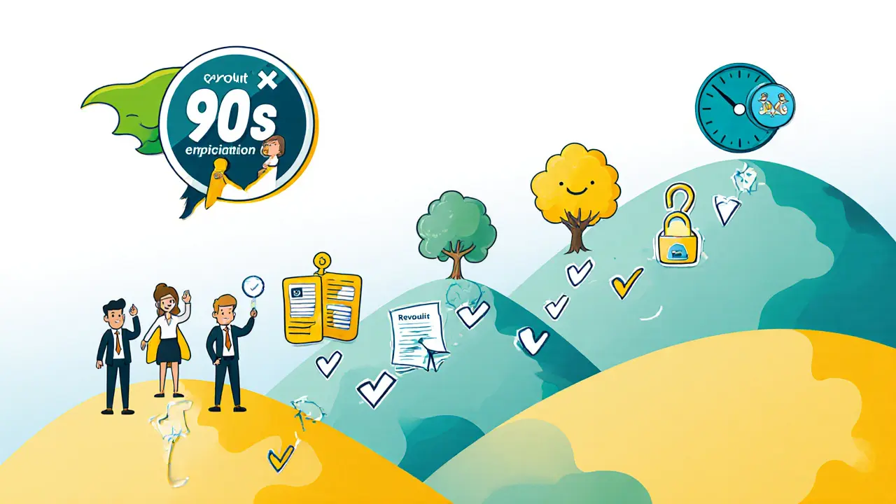 Cartoon roadmap with checklist steps and a superhero Revolut icon speeding up onboarding.