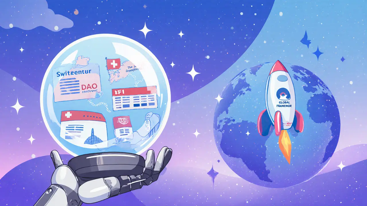 Cartoon robot holding a crystal ball showing future crypto regulations and a rocket launch.