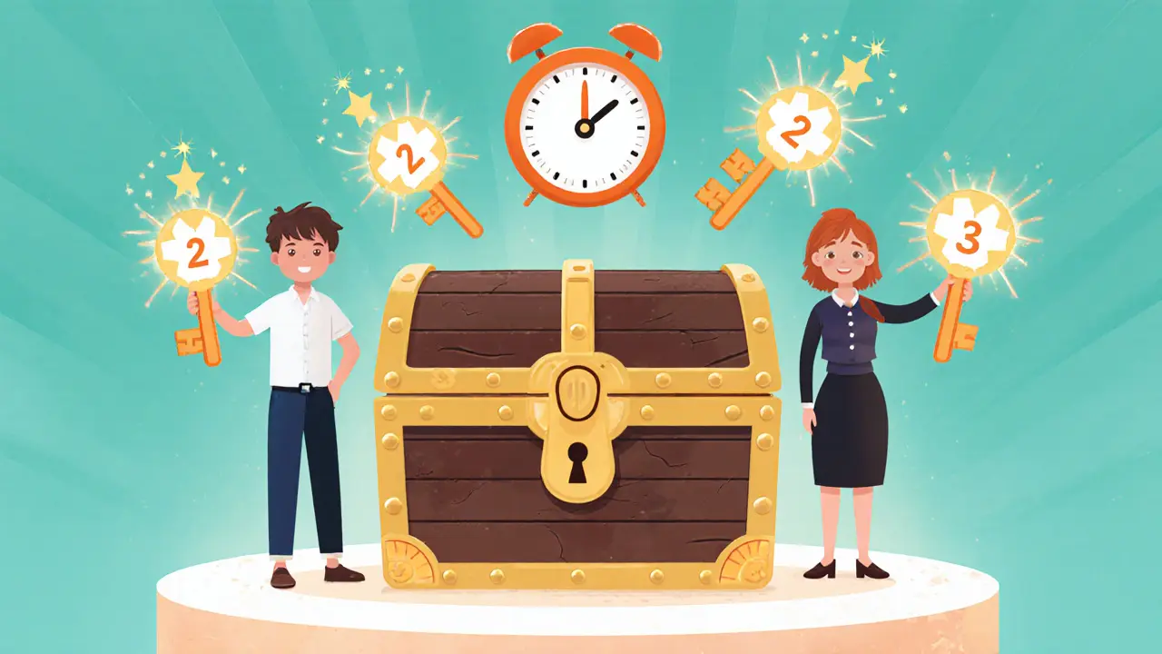 Cartoon showing three guardians approving a wallet recovery, two keys glowing and a timer above.