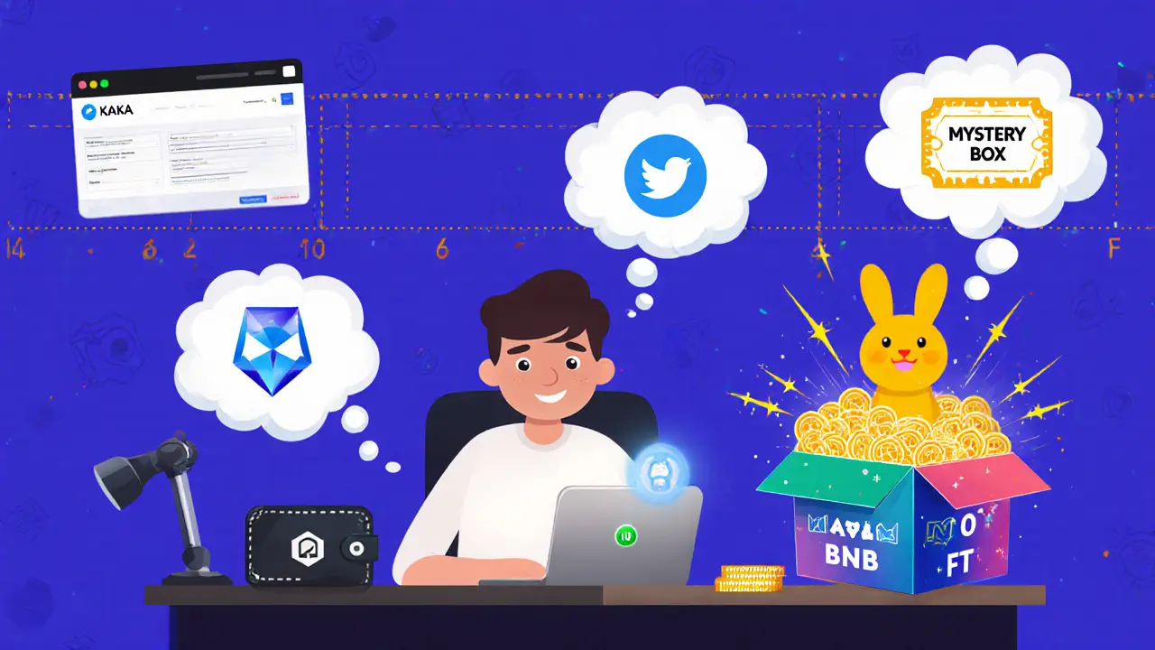 Cartoon user opening a Mystery Box, receiving KAKA tokens and a rabbit NFT, with gas fee shown.
