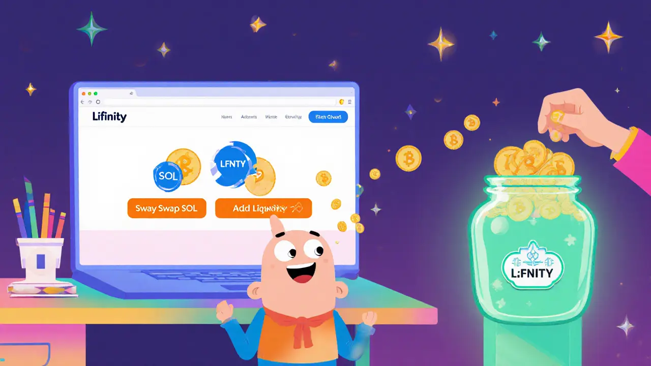 Cartoon user swaps SOL for LFNTY, adds liquidity, and stakes tokens.