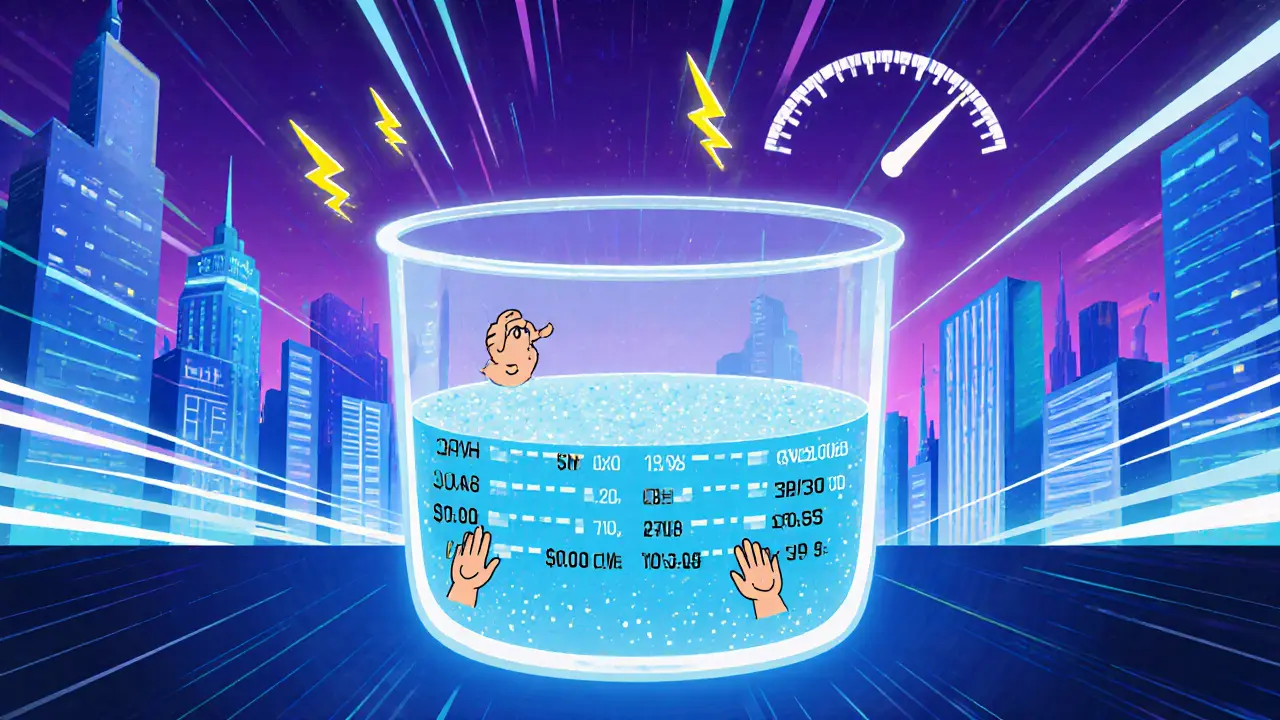 Cartoon view of concentrated liquidity pool with sliders, low gas icons, and fast speedometer.