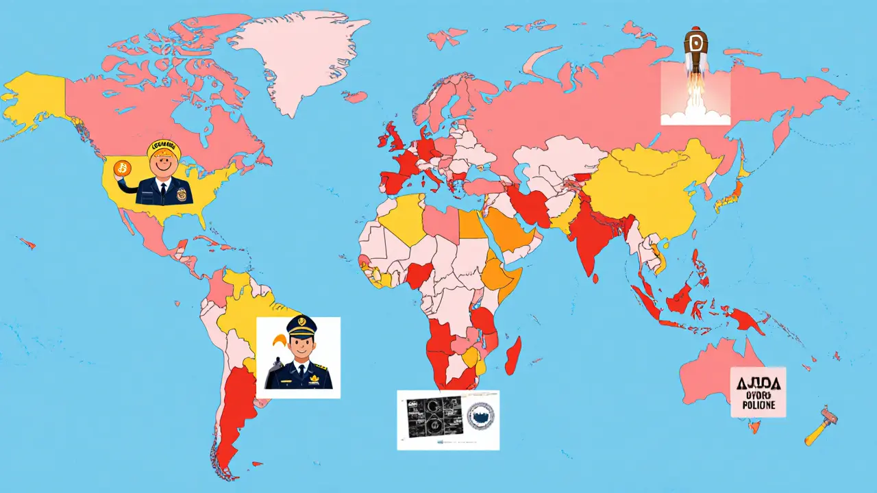 Cartoon world map with country panels showing crypto seizure methods.