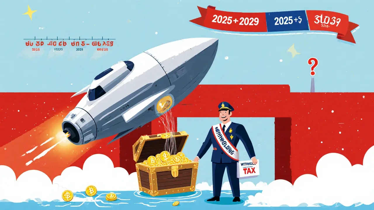 Foreign crypto exchange spaceship docked at a Thai tax gate, with 15% withheld tax shown flowing into a smaller box.