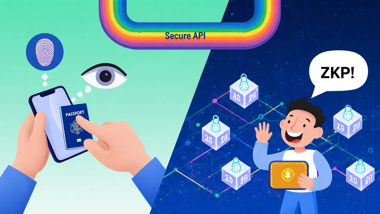 Split cartoon showing ID scan with biometric icons and a blockchain ledger with ZKP and SSI wallet.