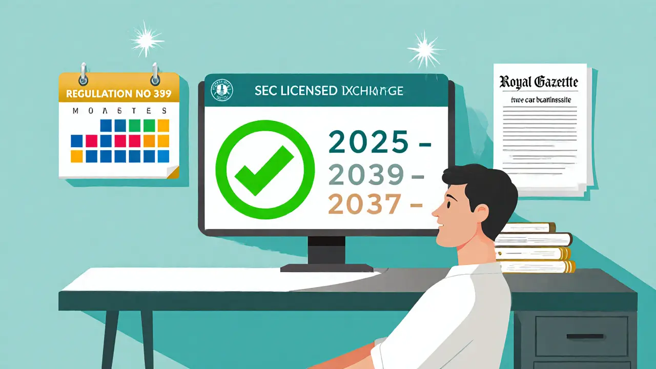 Thai trader at a desk using a SEC‑licensed exchange, calendar showing 2025‑2029, and documents indicating tax exemption.