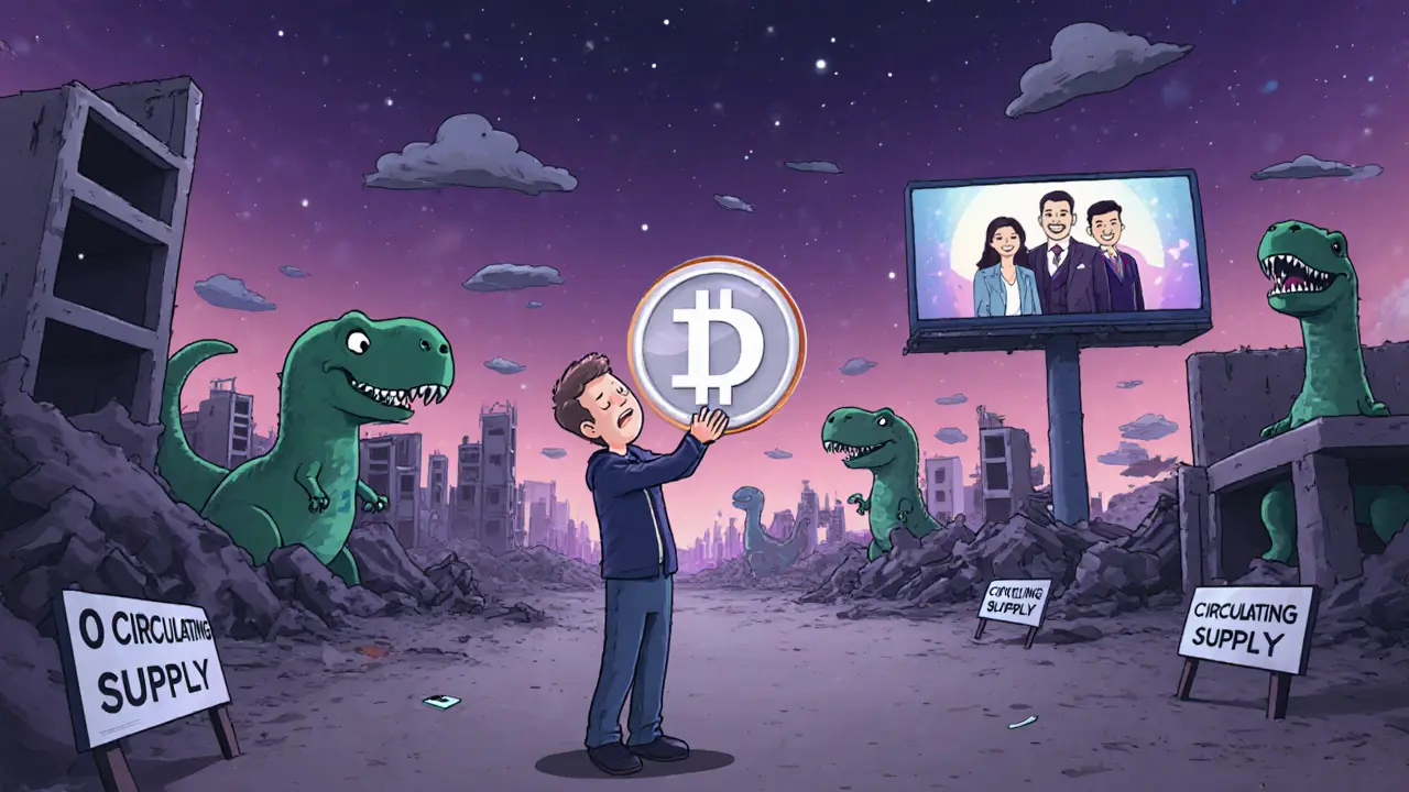 A lone person holding a DSG token in an empty metaverse filled with unfinished dinosaur buildings.