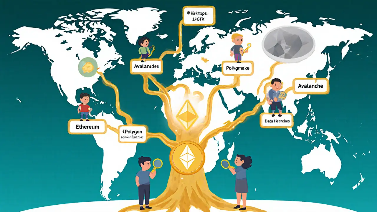Blockchain tree with data subgraphs growing from Ethereum, Polygon, and Avalanche roots