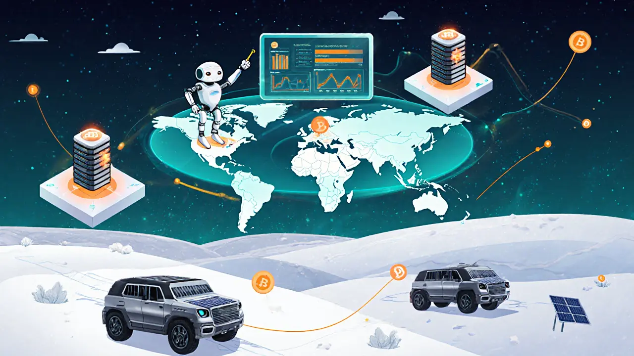 Cartoon AI dashboard showing global server nodes, ASICs, and solar mining vehicles.