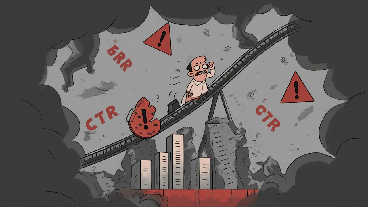 Cartoon investor on a shaky platform as a CTR coin rides a downhill rollercoaster with warning signs.