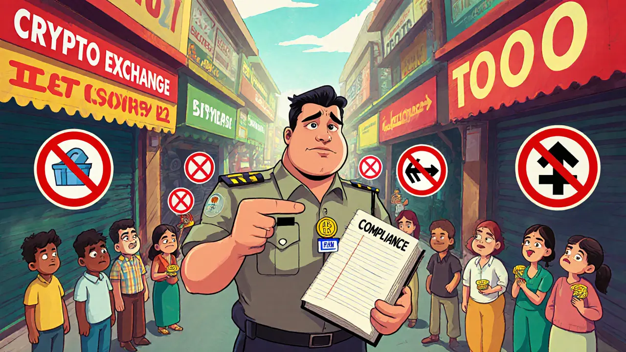 Cartoon market street with exchange stalls marked No Entry and FIU officer pointing.
