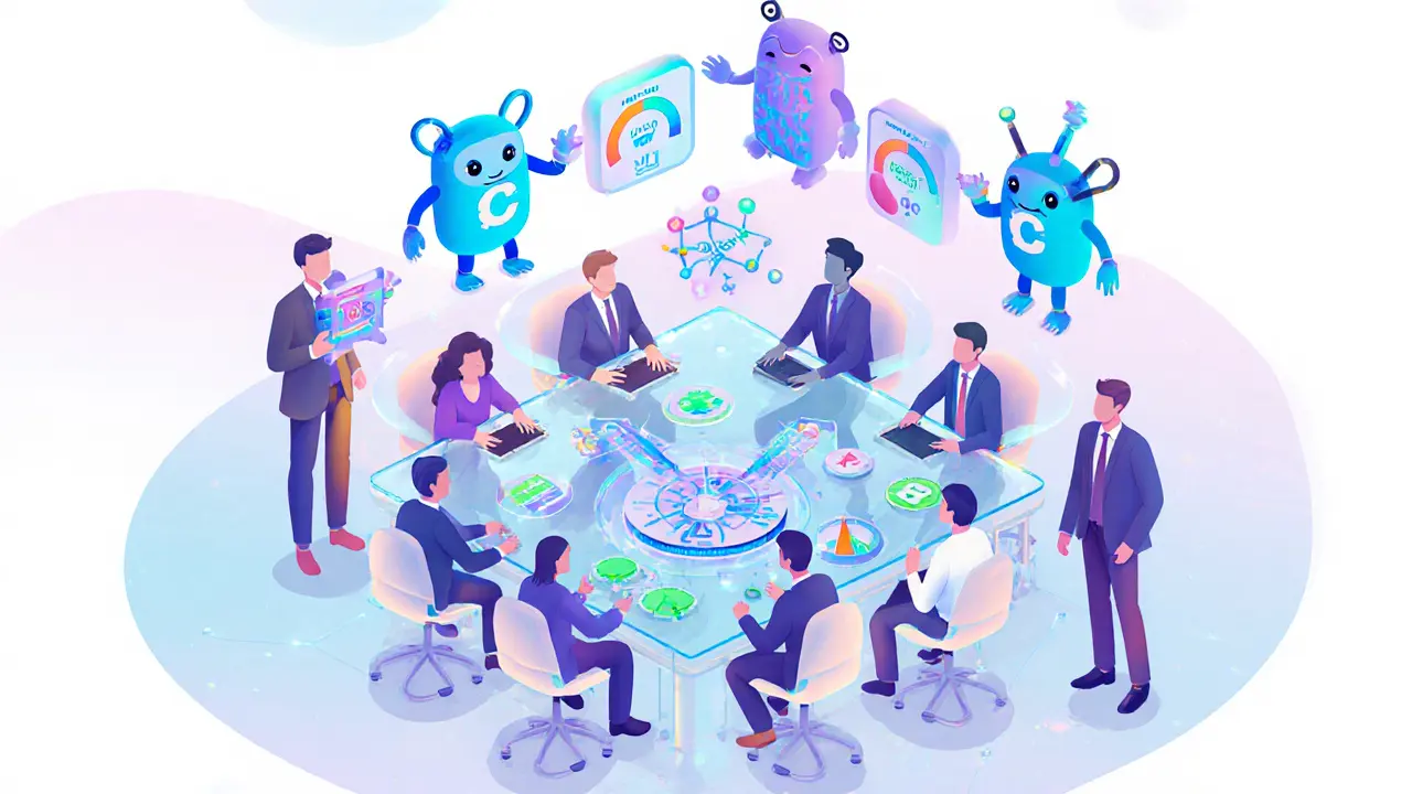 Cartoon meeting with pool operators, investors, and ESG icons discussing future strategies.