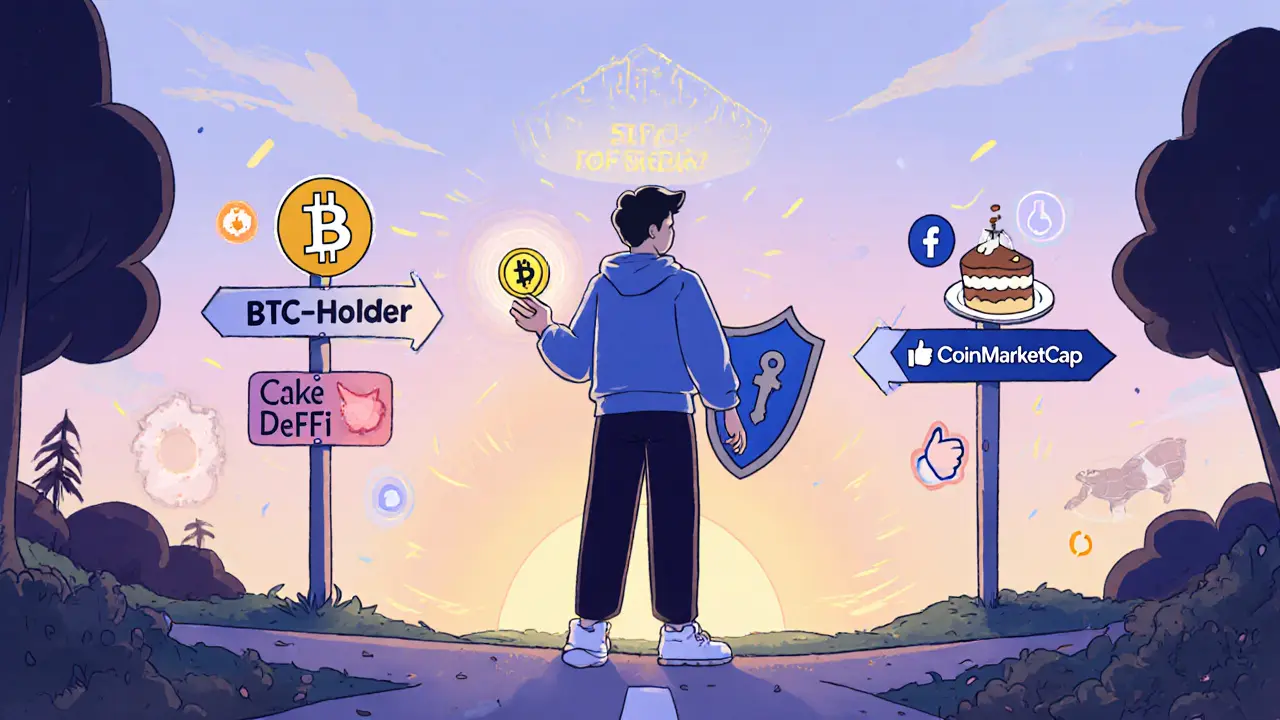 Cartoon person compares the three airdrop options and secures DFI tokens with a hardware wallet.