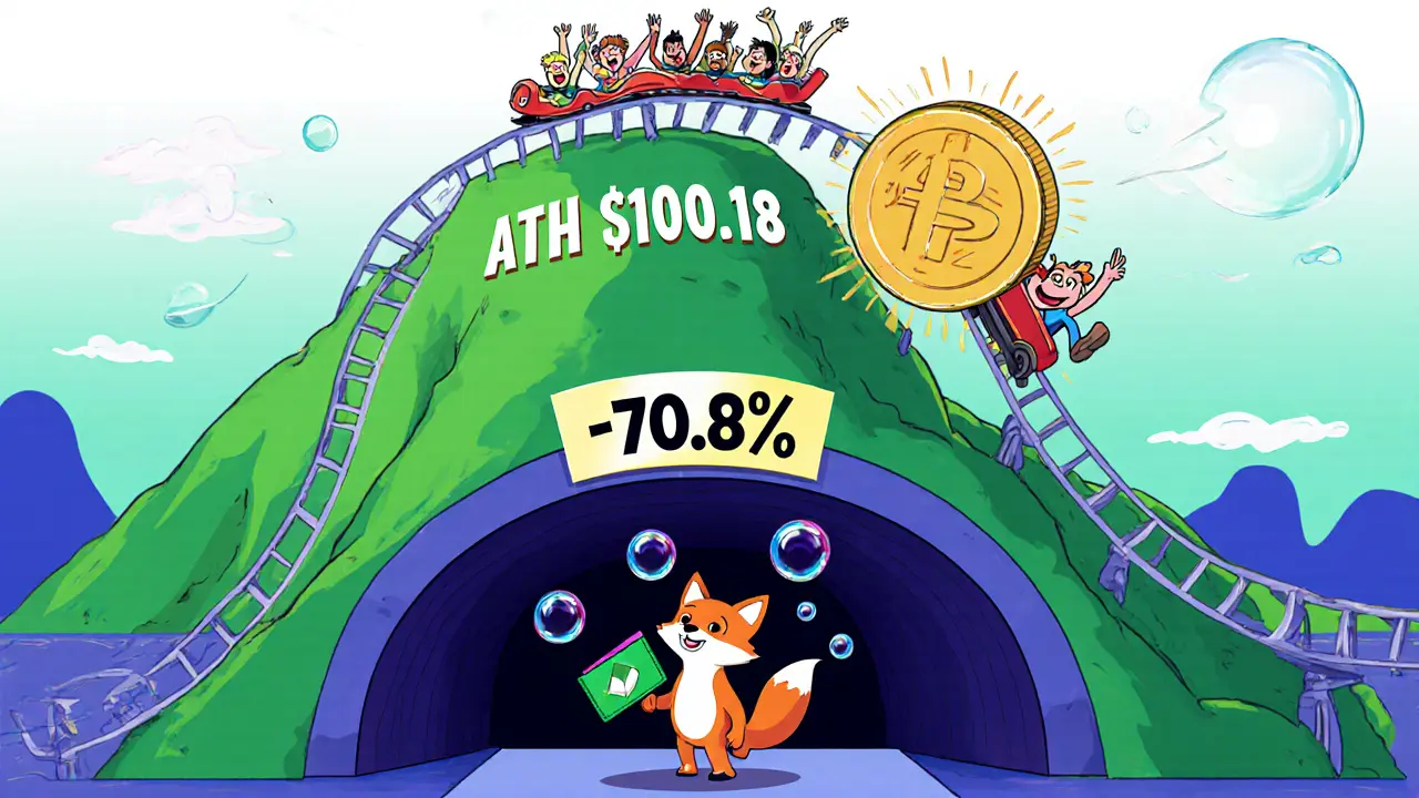 Cartoon roller coaster showing FOLD price spike to 0 then drop to <h2>Market Performance and Price History</h2>.88.