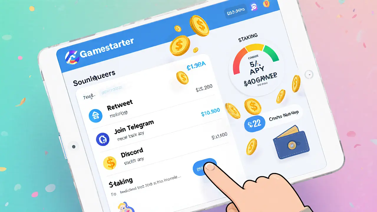 Cartoon tablet showing Gamestarter quest list with floating $GAME coins and a staking gauge.