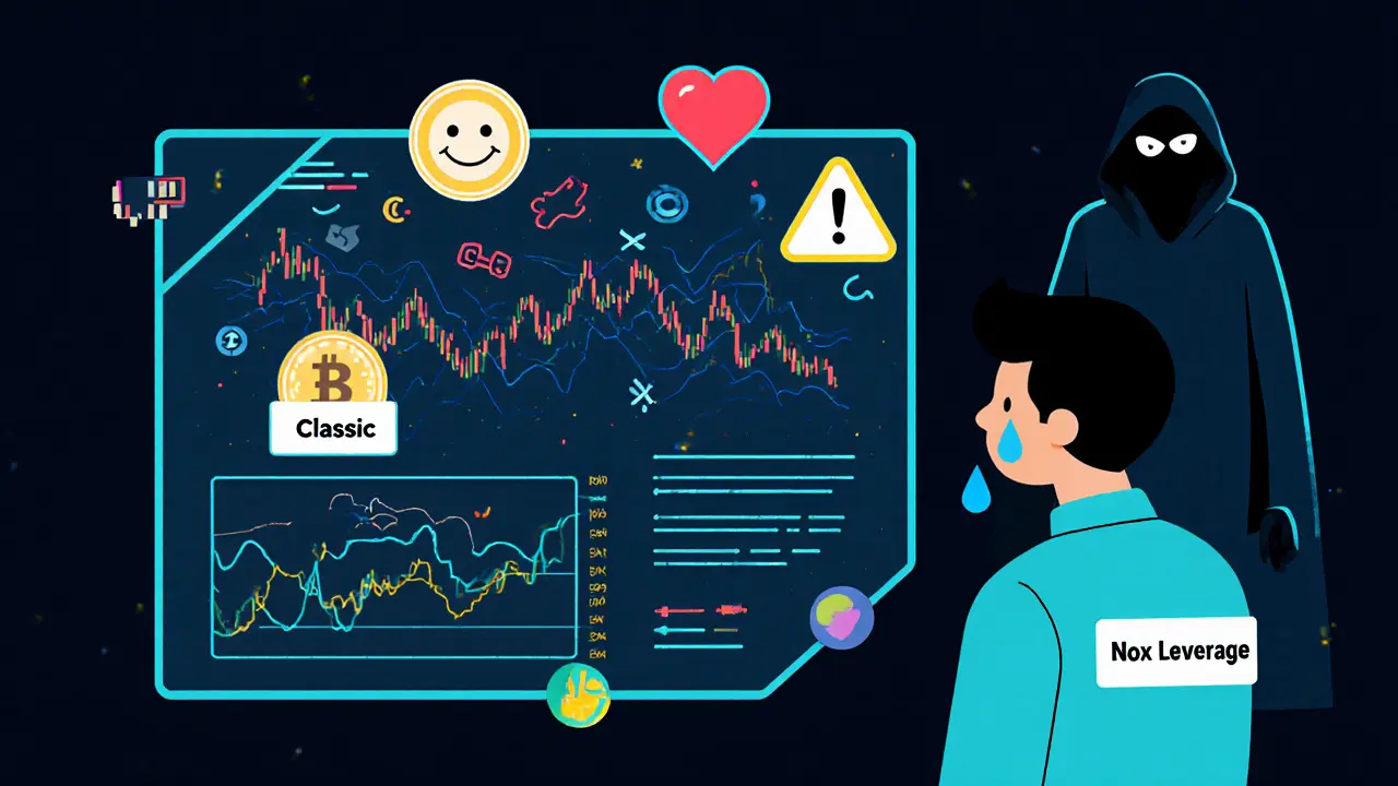 Cartoon trading dashboard with Classic and Advanced modes, trader stressed, shadowy 'No Audits' figure lurking