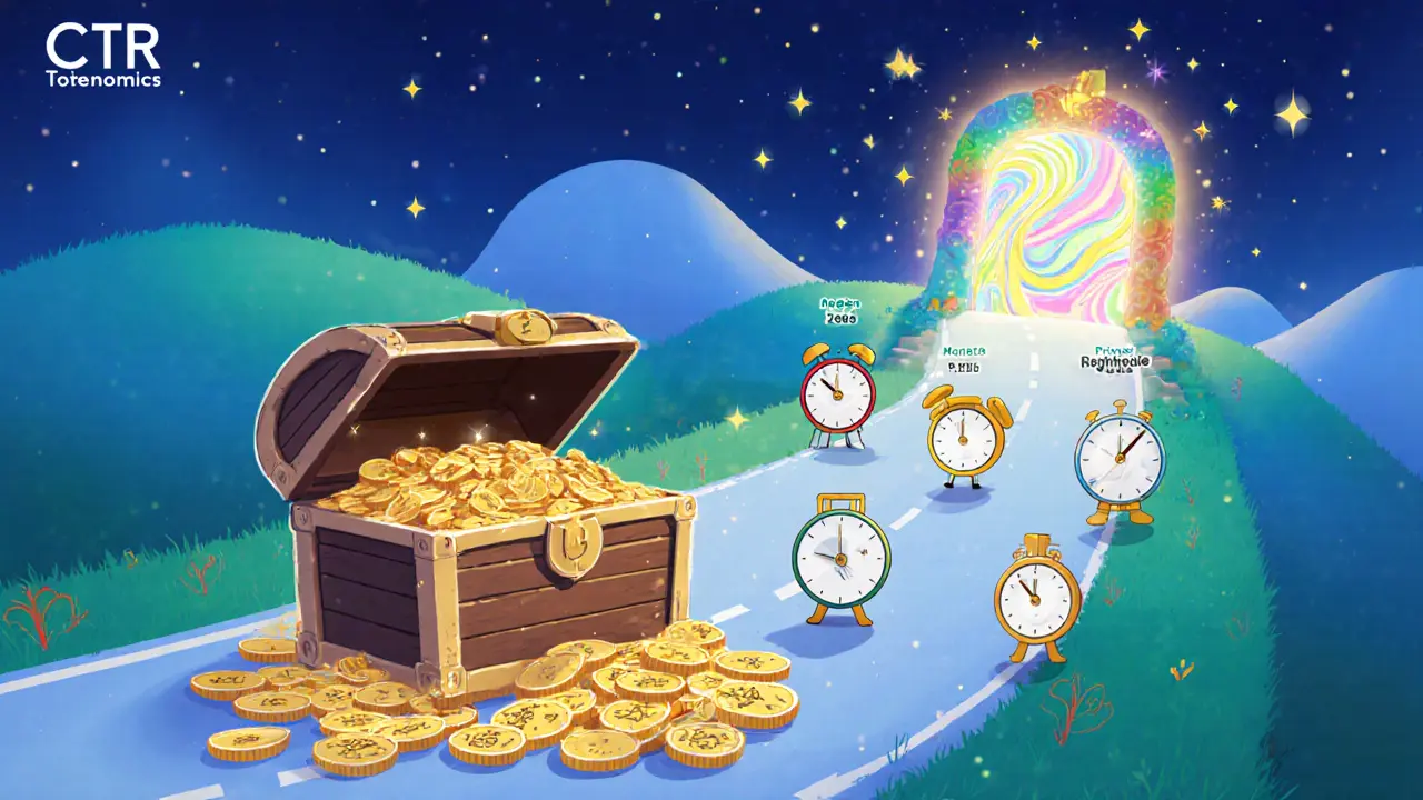 Cartoon treasure chest spilling coins for fundraising rounds with a vesting road and swap portal.