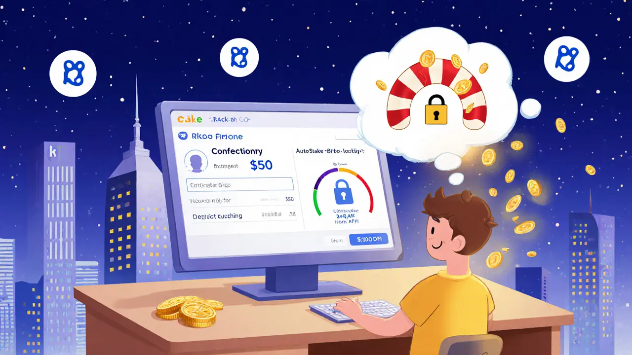 Cartoon user follows Cake DeFi steps: KYC,  deposit, 28‑day lock, and auto‑stake reward gauge.