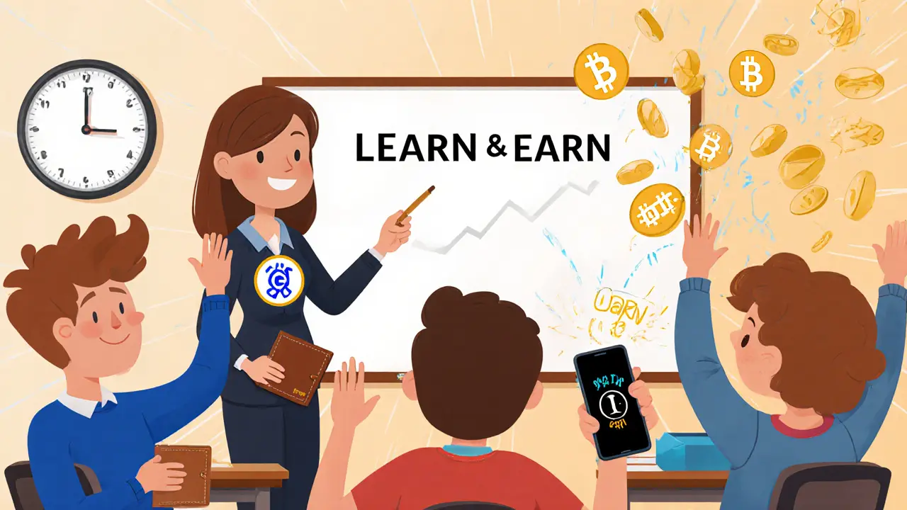 Classroom scene with teacher explaining Learn &amp; Earn airdrop and students receiving GRT tokens