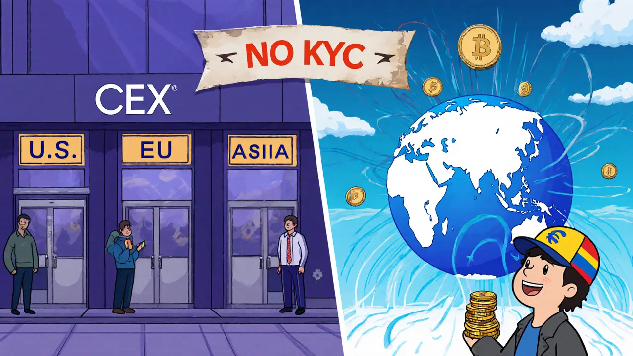 Contrasting regulated CEX buildings vs. open DEX hub with global crypto flow.