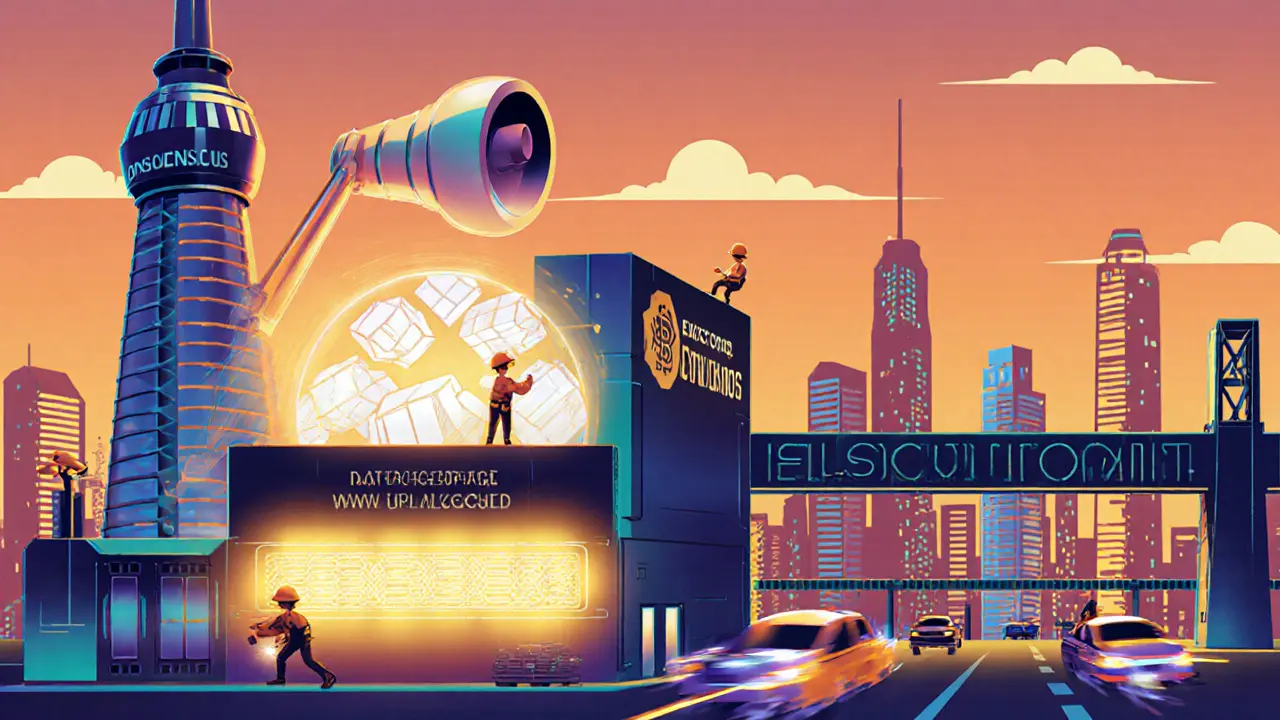 Futuristic city with buildings representing blockchain layers, connected by a settlement bridge, under a sunset sky.