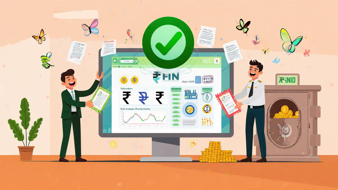 Happy Indian traders with green check mark, FIU officer, and bank vault full of coins.