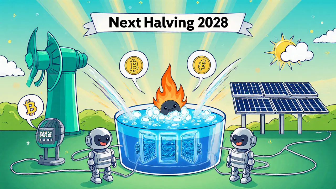 Happy mining robots use clean energy, immersion cooling, and AI cloud icons after halving.