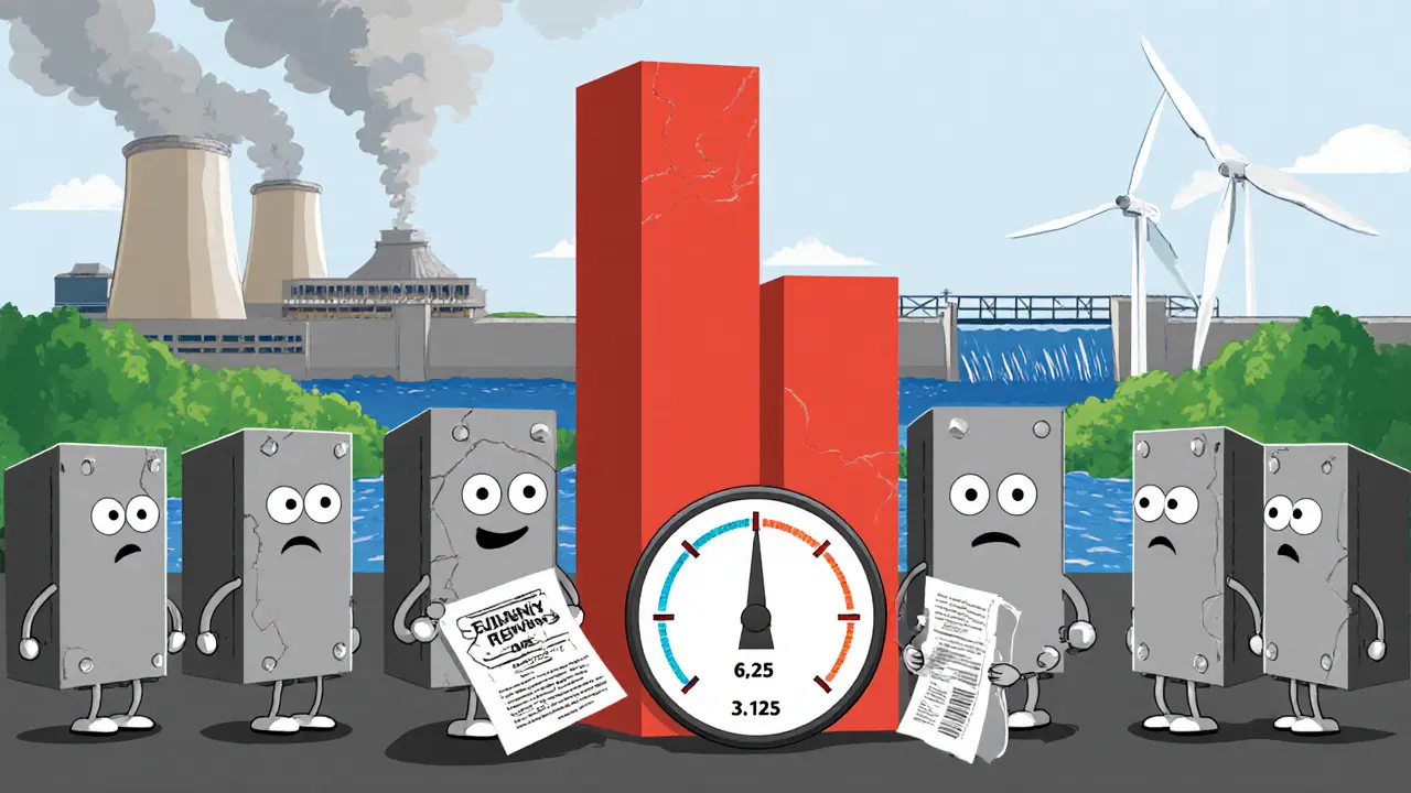 Mining rigs react to a falling reward chart, high electricity bill, and dipping hash rate gauge.